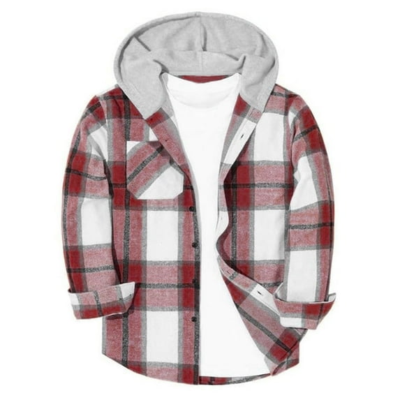Children's Girls Boys Plaid Coats Fashion Casual Button Down Fleece Long Sleeve Hooded Outwear School Fall Color Block Jackets for Kids Red 8 Years