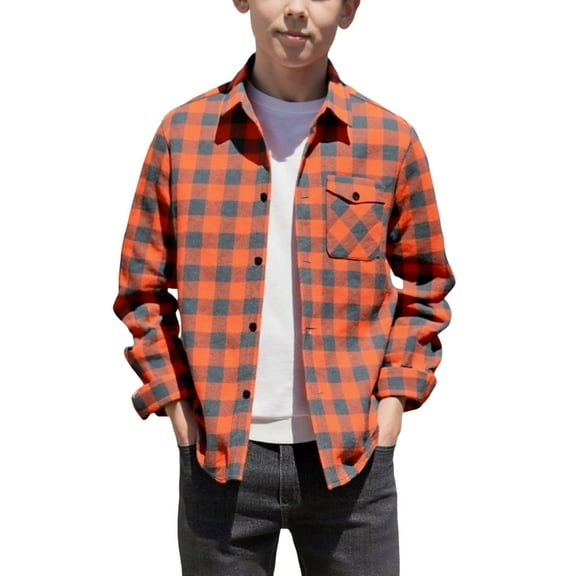 Children's Girls Boys Plaid Coats Fashion Casual Button Down Fleece Long Sleeve Outwear School Fall Color Block Jackets for Kids Orange 8-9 Years