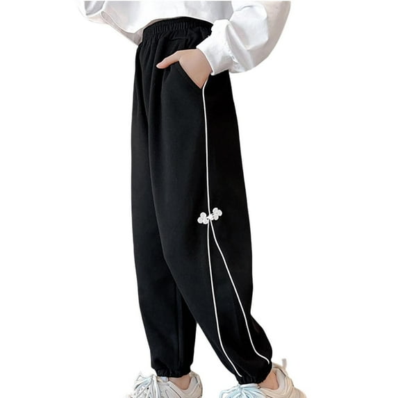 Children's Girls Boys Sweatpants Casual Sports Loose Wide Straight Pants Elastic Waist Drawstring Solid Color Trousers Black 10 Years