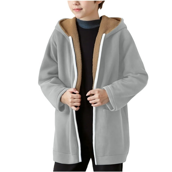 Children's Girls Boys Winter Jackets Velvet Lined Windbreaker Fleece Coats Long Sleeved Hooded Casual Outdoor Outwear Gray 140