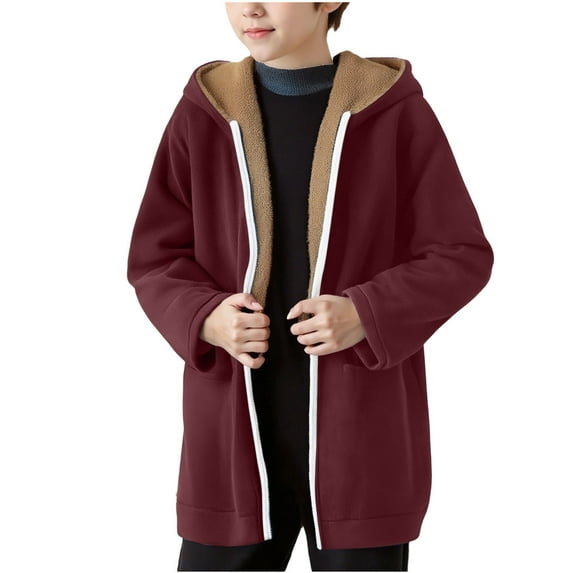Children's Girls Boys Winter Jackets Velvet Lined Windbreaker Fleece Coats Long Sleeved Hooded Casual Outdoor Outwear Red 160