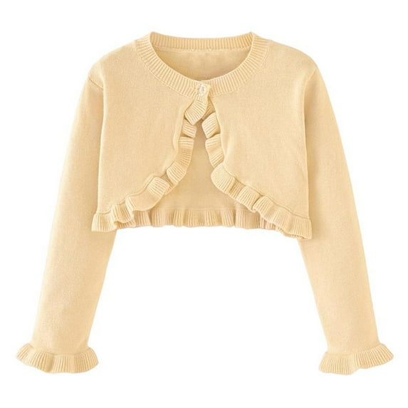 Children's Girls Cardigan Coats Solid Color Round Neck Long Sleeved Knitted Cotton Shrugs Tops Comfortable Lightweight Coat Beige 5 Years