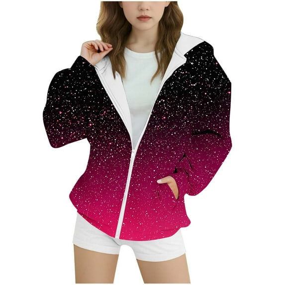 Children's Girls Full Zip Hoodies Casual Loose Fleece Gradient Print Sports Sweatshirts Long Sleeved Lightweight Sweatshirt for Kids Pink 12-13 Years