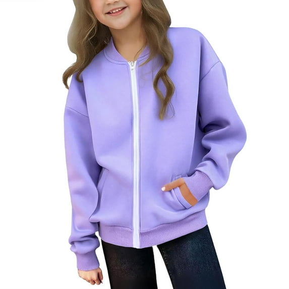 Children's Girls Full Zip Sweatshirts Casual Loose Solid Color Sports Jackets Sweatshirt Long Sleeved Lightweight Outerwear Purple 9 Years