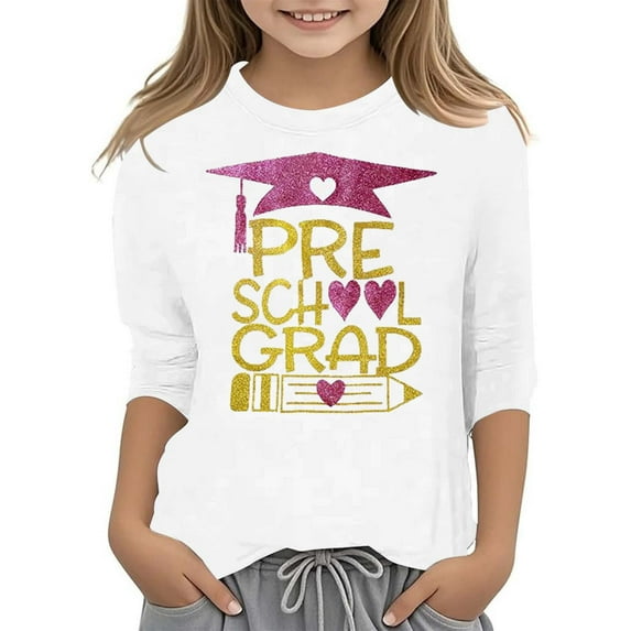 Children's Graduation Season Printed Three Quarter Sleeve T Shirt Top Versatile Casual Shirt for 6-7 Years