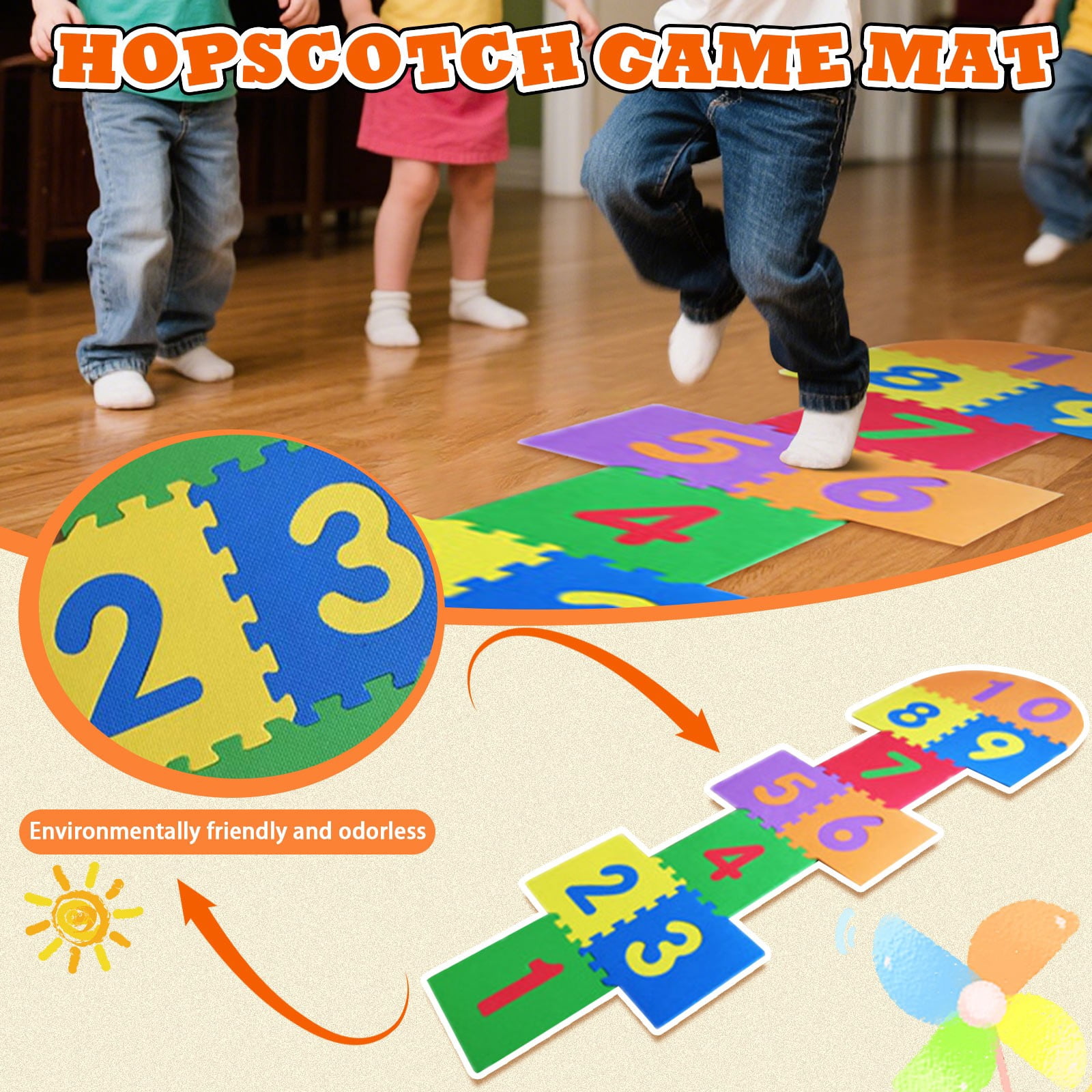 Children’s Hopscotch Game Mat, 9-Piece EVA Foam Floor Puzzle for Indoor Outdoor Play, Non-Toxic Rainbow Tiles – 210 x 60 cm Assembled