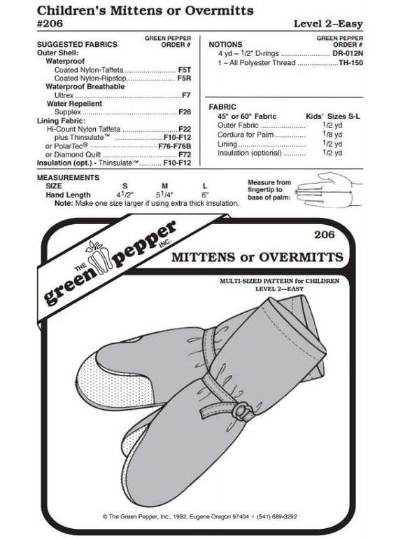 Children's Insulated Mittens Overmitts #206 Sewing Pattern (Pattern Only)