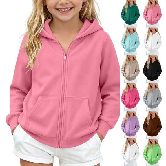 Children's Jackets Dqueduo Children's Winter Solid Color Full Zip Hooded Fleece Lined Sweatshirt Coat Jacket Pink 9-10 Years