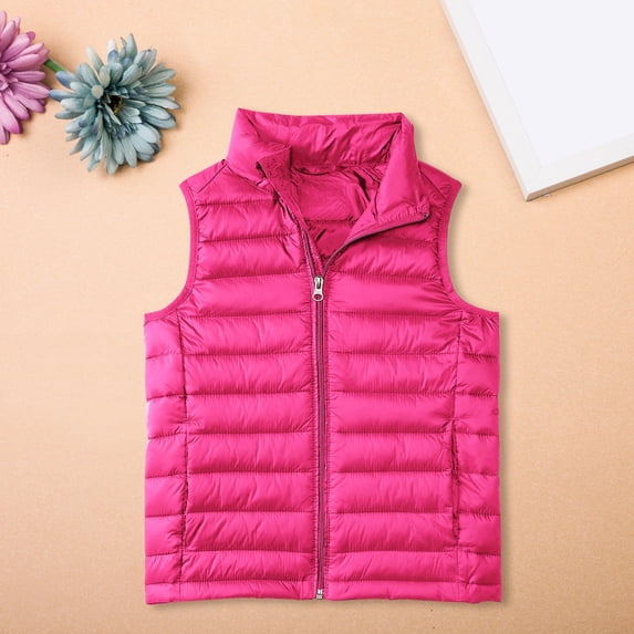 Children's Lightweight Vest, Solid Color Full Zip Cotton Outerwear for Boys and Girls, Warm Layer for Autumn and Winter Activities, School, Outdoor Play, Functional and Comfortable Design - Hot Pink