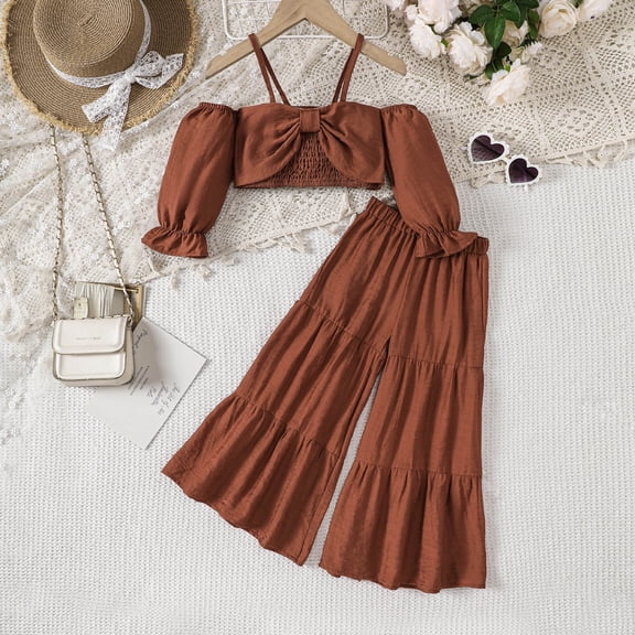 Children's Long Sleeve Pleated Sash Blouse Bell Bottoms Suit for Girl
