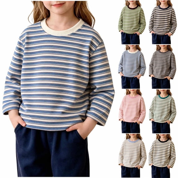Children's Long Sleeve Shirt 95% Cotton Boys Girls Classic Striped Crew Neck Tee Soft Stretch Fall Tops for Ages 2-12