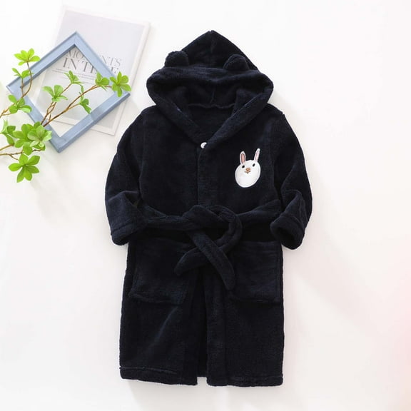 Children's Long Sleeved Facecloth Cartoon Rabbit Hooded Warm Robe Pajamas Homewear Bathrobe Navy 4-5 Years