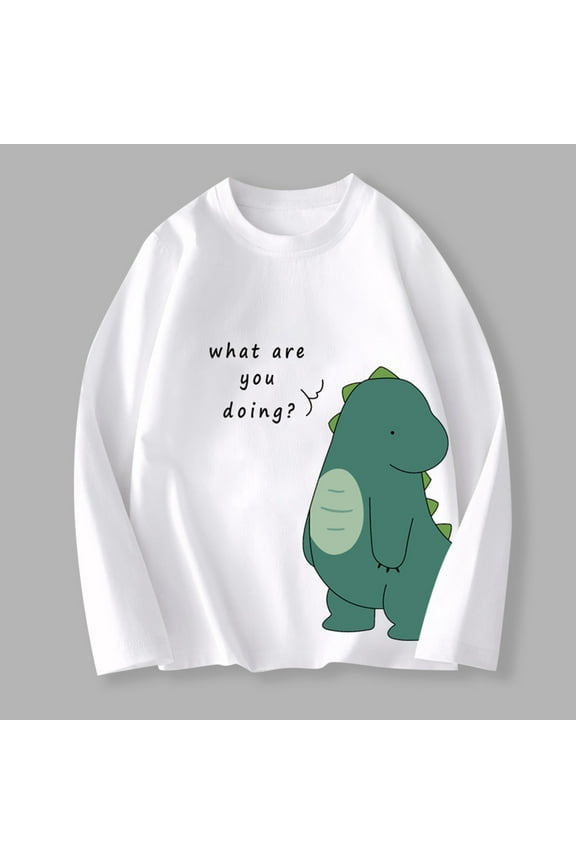 Children's Long Sleeved T-shirt Round Neck Top Boys Girls (2-12Y) - What Are You Doing Dinosaur Print Shirt for Everyday Comfort, Limited Time Offer Under 10 Dollars