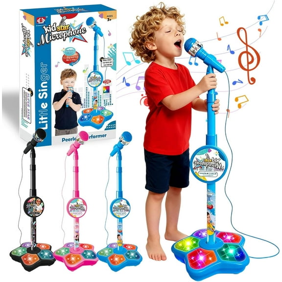 Children's Microphone with Stand, Speaker and LED Lights, Fun Standing Karaoke Microphone - Portable and with Echo Effect, Compatible with Mobile Phones/MP3/Tablets.