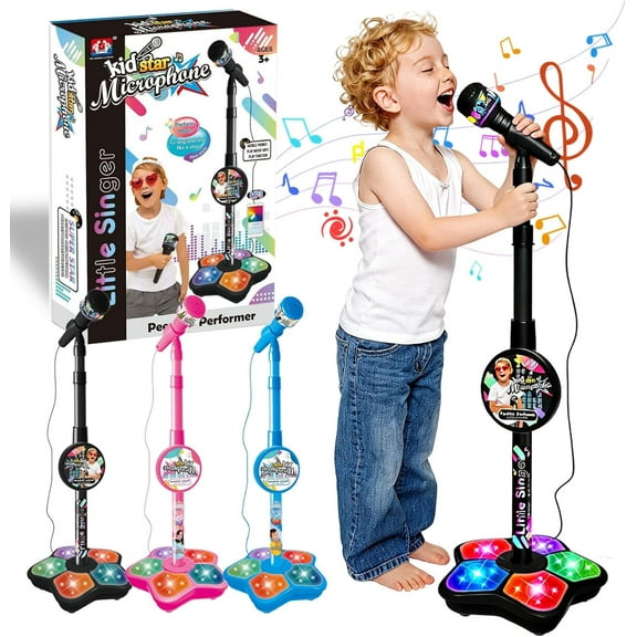 Children's Microphone with Stand, Speaker and LED Lights, Fun Standing Karaoke Microphone - Portable and with Echo Effect, Compatible with Mobile Phones/MP3/Tablets.