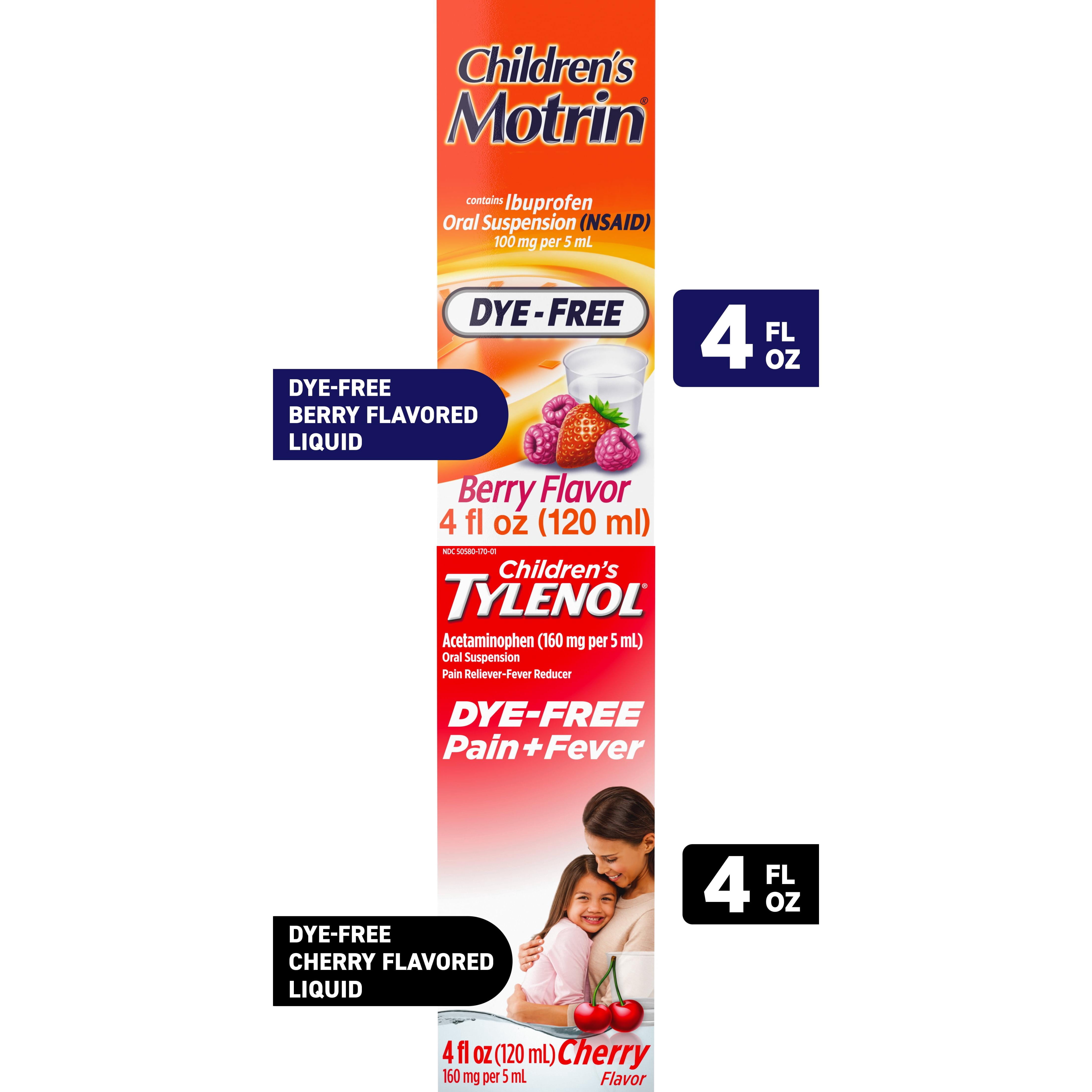 Children's Motrin + Children's Tylenol Pain & Fever Relief Dye-Free Liquid Bundle, 4 fl oz (2 Items)