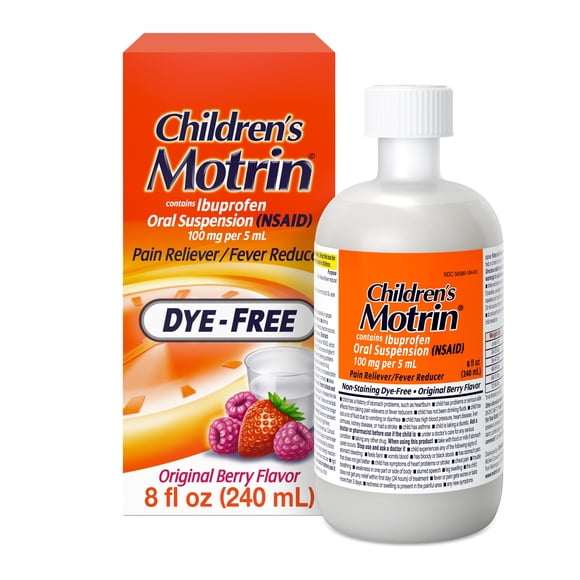 Childrens Motrin Dye-Free, Oral Suspension Liquid, Ibuprofen, Pain Reliever, Berry Flavor 8 Fl oz