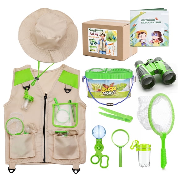 Children's Outdoor Exploration Tools Set, Kid's Green Vest And Hat Bug Observation Kit With Telescope, Bug Collecting Gear For Backyard And Camping Adventures