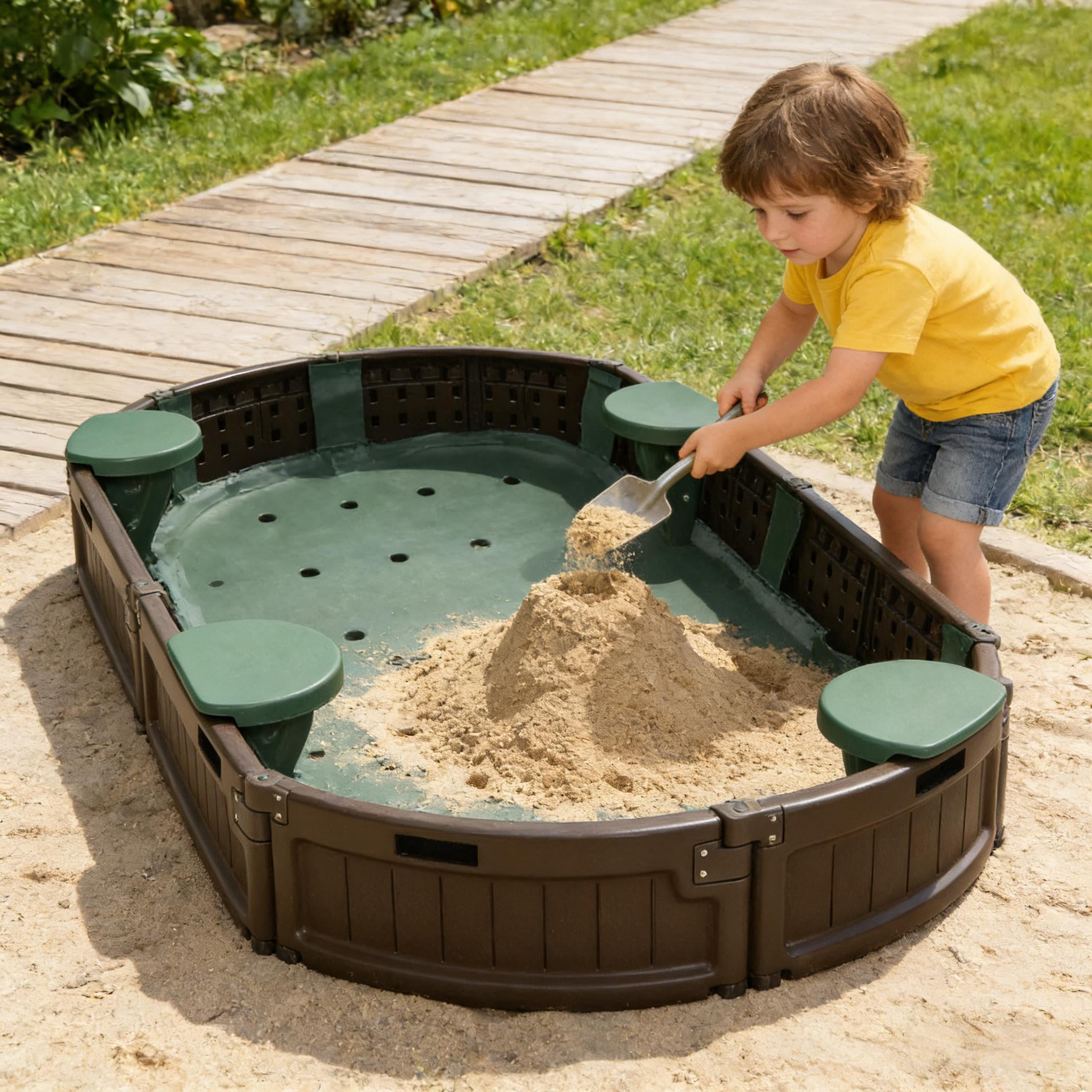 Children's Oval Outdoor HDPE Sandbox with 4 Semicircular Seats, Waterproof Oxford Cover & Liner, Dark Green Brown Sand Pit, Tool-Free Assembly for Backyard Lawn, Ages 3-12
