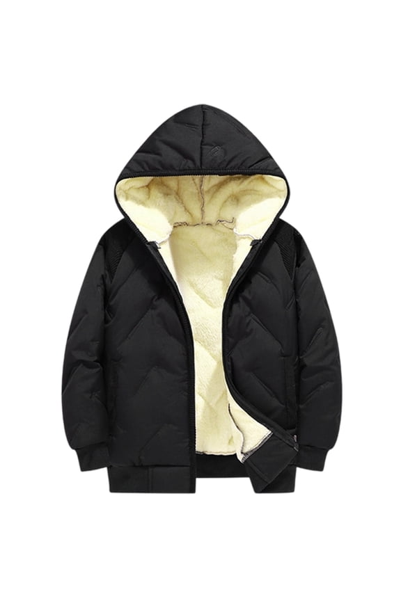 Children's Overcoat - Boys Winter Lined Hooded Jacket Thickened Warm Coat for Children and Youth Cold Weather Outdoor Windproof with Embossed Design,Color:Black,Size:13-14 Years