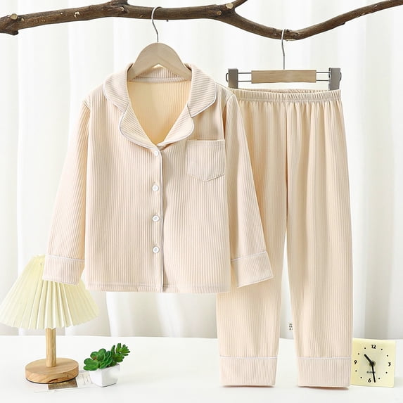 Children's Pajama Set, Long Sleeve Button Down Lapel Top and Matching Long Pants Two-Piece Homewear, Cozy and Comfortable Loungewear for Boys and Girls, Ideal for Sleep and Indoor Relaxation - Beige