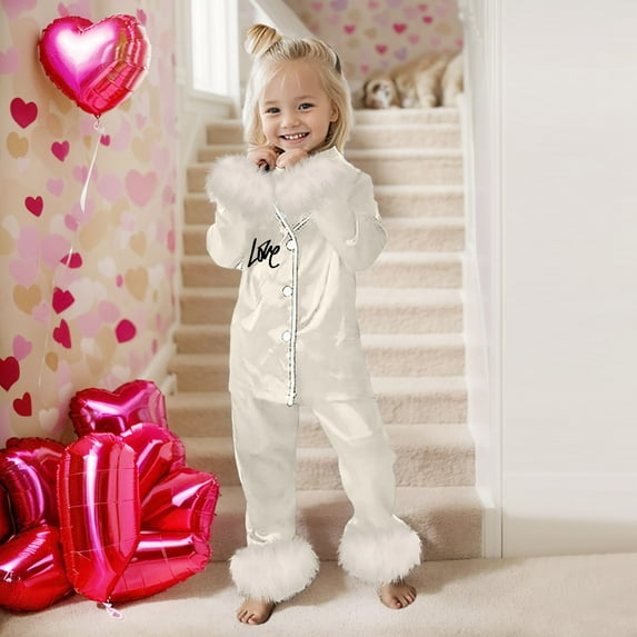 Children's Pajamas Set Matching Valentines Day Pajamas Sweetheart Print 2 Piece Long Sleeve Button-Down Silk Sleepwear for Boy Girl 12-13 Years