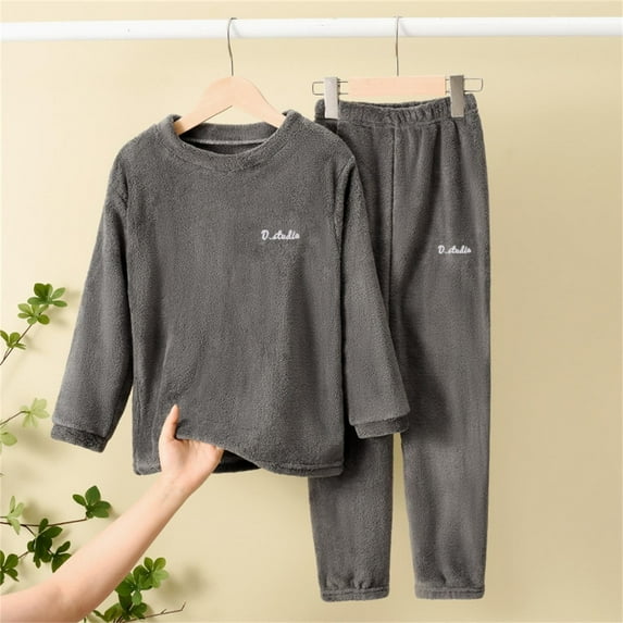 Children's Pajamas Warm Solid Color Set Boys and Girls Children's Home Wear Soft Fuzzy Homewear with Sweatpants Size 5-6 Years