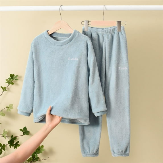 Children's Pajamas Warm Solid Color Set Boys and Girls Children's Home Wear Soft Fuzzy Homewear with Sweatpants Size 6-7 Years