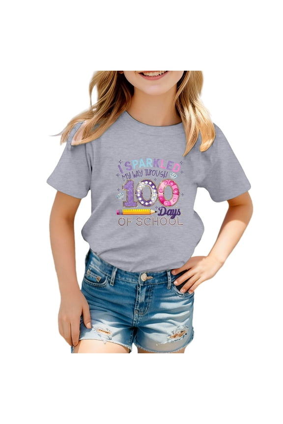 Children's Pencil Print Crew Neck T-Shirt For 100 Days Back-To-School Season Grey 10 Y-11 Y