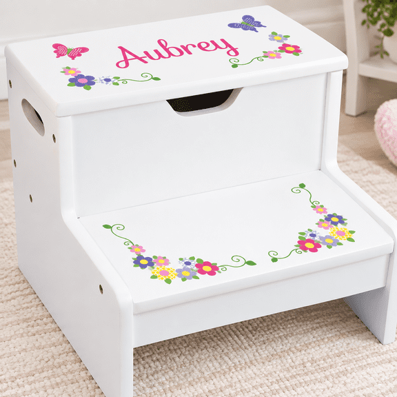 Children's Personalized Step Stool with Storage - Pink Floral Garland Design