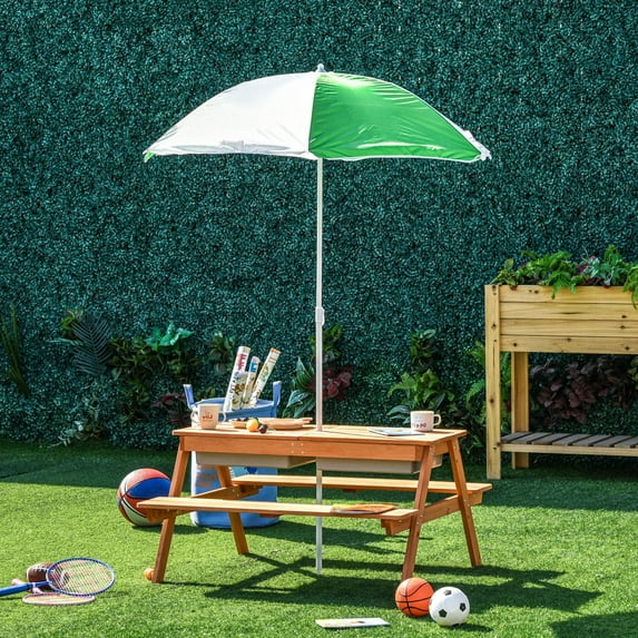 Children's Picnic Table with Parasol and Built-in Storage, Sand and Water Table, Children's Outdoor Furniture for the Garden, Terrace or Balcony