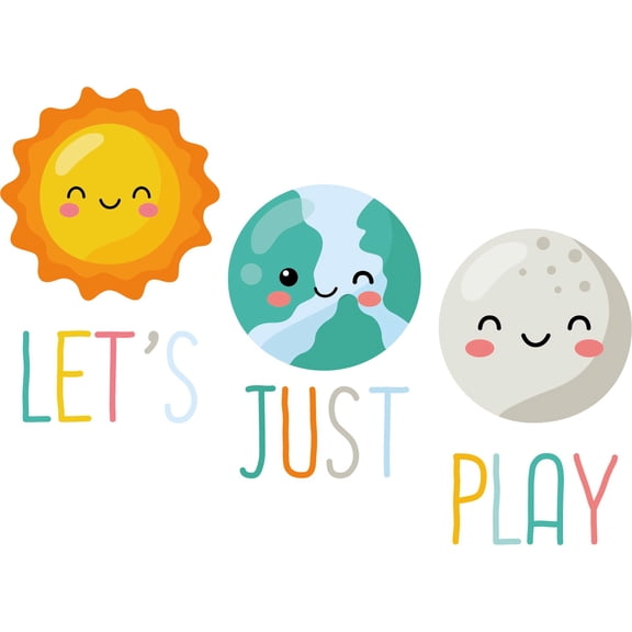 Children's Playroom Sun Moon & Earth Faces Design Vinyl Decal Removable Nursery Kids Bedroom Wall Lettering Art Decor Quotes - Let's Just Play | 20" x 28" Home Living Room Vinyl Sticker Decoration