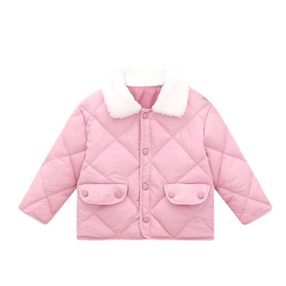 Children’s Quilted Jacket with Faux Fur Collar and Front Flap Pockets Classic Button Down Design for Everyday Wear Style #D035 Pink 100