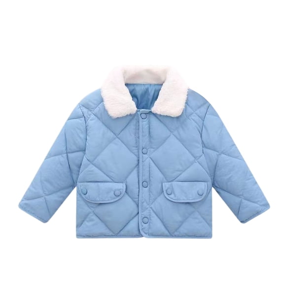Children’s Quilted Jacket with Faux Fur Collar and Front Flap Pockets Classic Button Down Design for Everyday Wear Style #E036 Blue 90