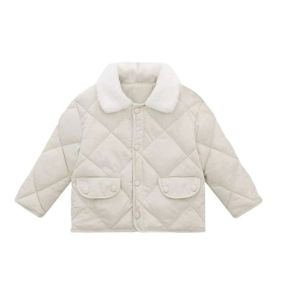 Children’s Quilted Jacket with Faux Fur Collar and Front Flap Pockets Classic Button Down Design for Everyday Wear Style #E037 White 90