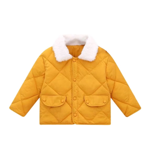 Children’s Quilted Jacket with Faux Fur Collar and Front Flap Pockets Classic Button Down Design for Everyday Wear Style #E038 Yellow 100
