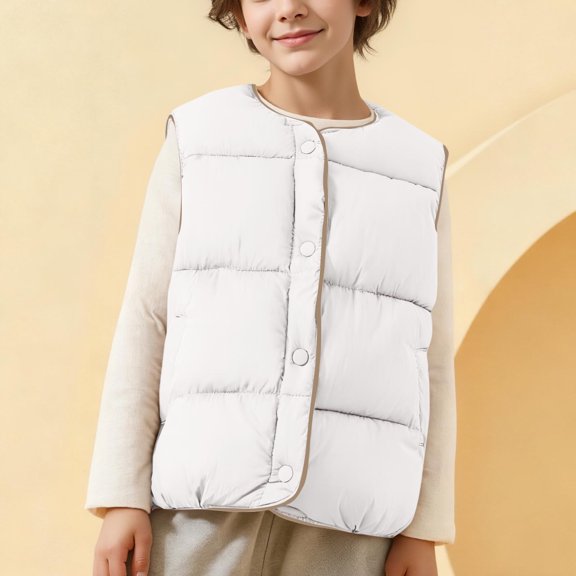 Children's Quilted Vest - Lightweight and Warm Puffy Sleeveless Snap Jackets - Boys Girls Winter Outwear Gilet with Pockets Beige 2Y