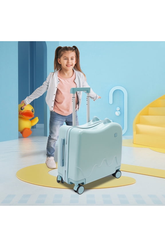 Children's Ride-On Suitcase for Travel, 37L with Password Lock, Adjustable Pull Rod, Universal Wheels, Cute Sky Blue Design, Ideal for Ages 3-6