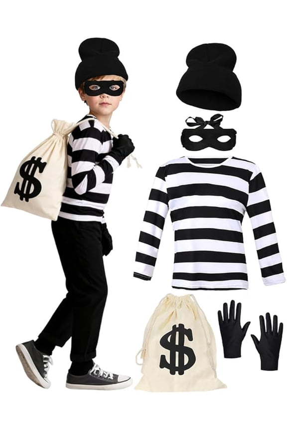 Children's Robber Costume, Thief T Shirt, Burglar Accessories Halloween Costume Set for Kids