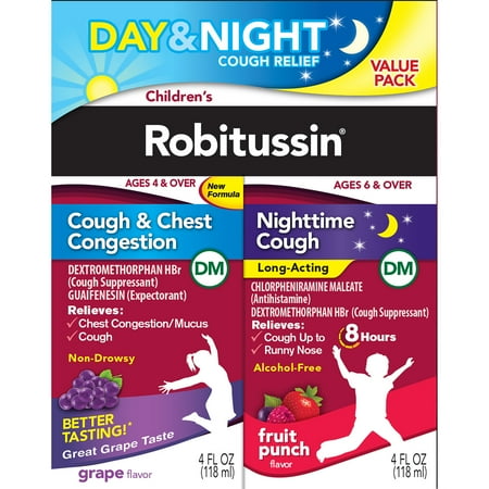 Children's Robitussin Kids Cough and Cold Medicine for Day and Night Relief Syrup, 4 Fl Oz, 2 Pack