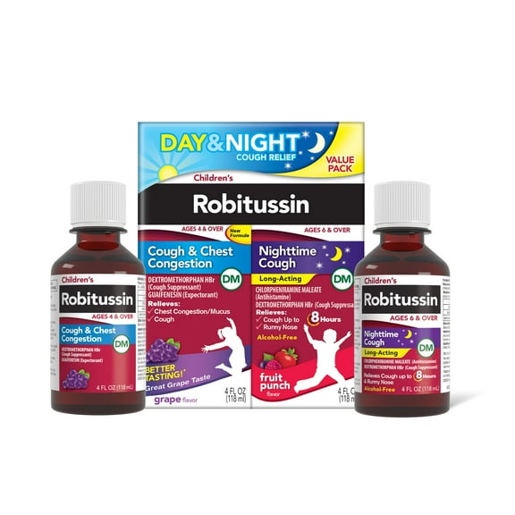 Children's Robitussin Kids Cough and Cold Medicine for Day and Night Relief Syrup, 4 Fl Oz, 2 Pack
