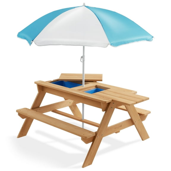 Children's Sand and Water Activity Table, 3-in-1 Wooden Outdoor Picnic Table with Umbrella and Play Boxes
