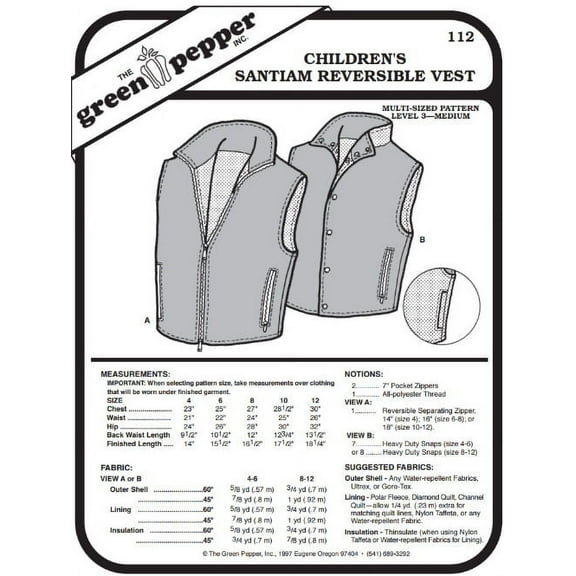 Children's Santiam Reversible Vest #112 Sewing Pattern (Pattern Only)
