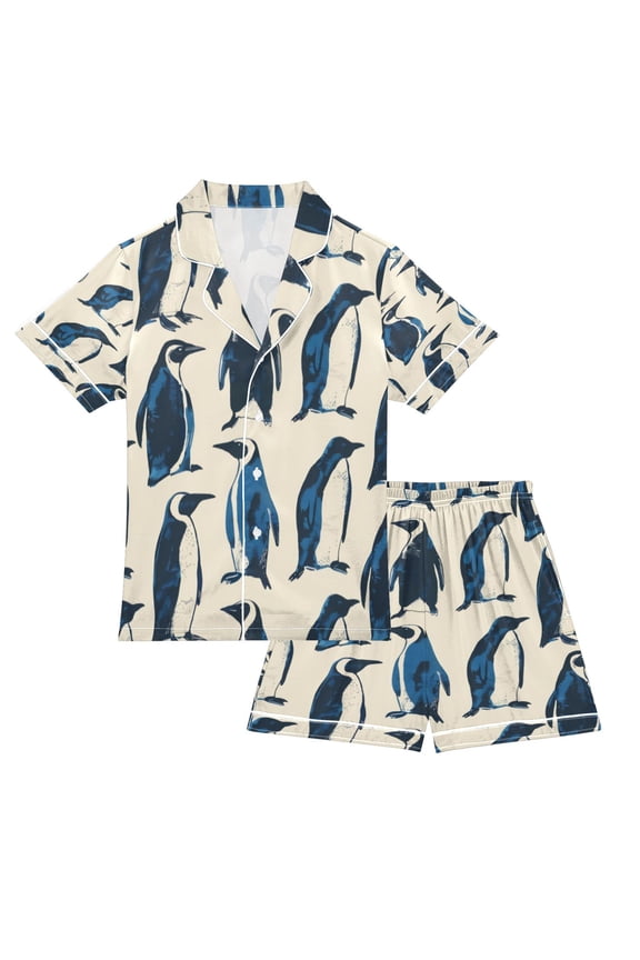 Children's Satin Pajama Sets Pajama Sets Button-Up Satin Pajama Set for Boys & Girls Blue Penguin XXL