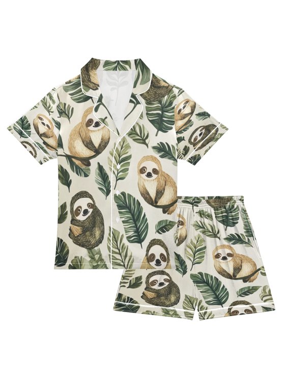 Children's Satin Pajama Sets Pajama Sets Button-Up Satin Pajama Set for Boys & Girls Cute Sloth Seamless S