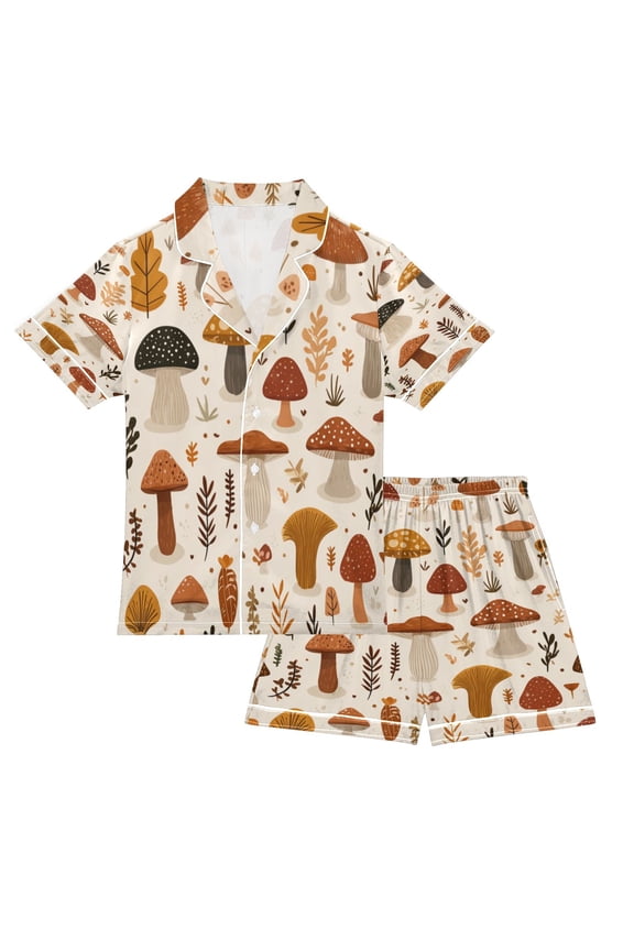Children's Satin Pajama Sets Pajama Sets Button-Up Satin Pajama Set for Boys & Girls Lovely Mushrooms XL