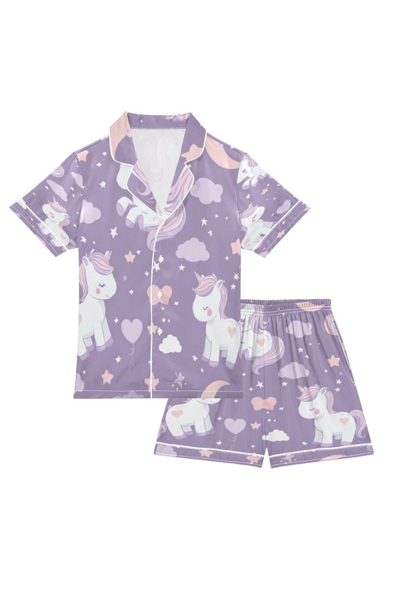 Children's Satin Pajama Sets Pajama Sets Button-Up Satin Pajama Set for Boys & Girls Magical Unicorn and Moon XXL