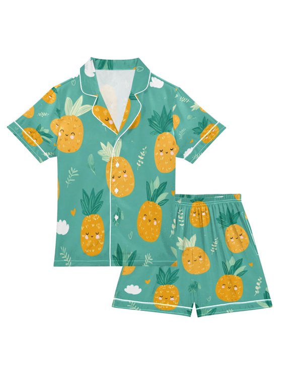 Children's Satin Pajama Sets Pajama Sets Button-Up Satin Pajama Set for Boys & Girls Pineapple Pattern Cartoon XXL