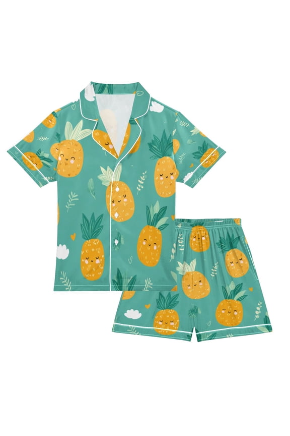Children's Satin Pajama Sets Pajama Sets Button-Up Satin Pajama Set for Boys & Girls Pineapple Pattern Cartoon XXL