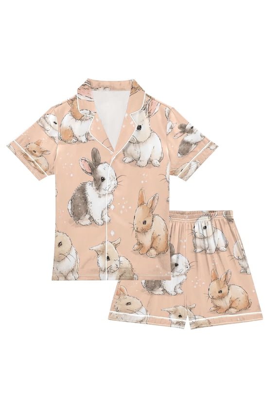 Children's Satin Pajama Sets Pajama Sets Button-Up Satin Pajama Set for Boys & Girls Sweet Cute Rabbit Illustration XXL